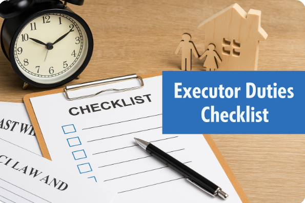 Executor checklist with pen, clock, and family figurines, representing executor duties after a loved one’s death.