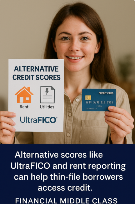 Alternative scores like UltraFICO and rent reporting can help thin-file borrowers access credit.